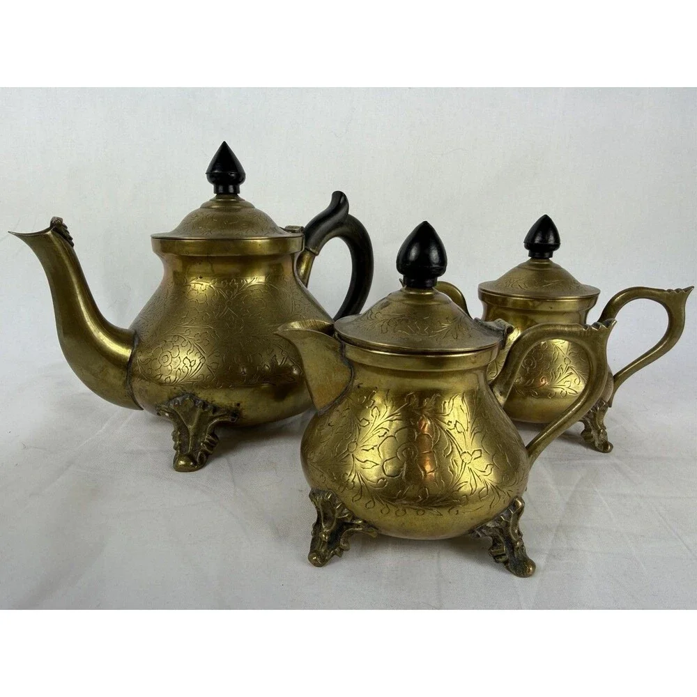 Vintage Brass Tea Set Teapot Creamer Sugar Bowl Detailed Floral Etching